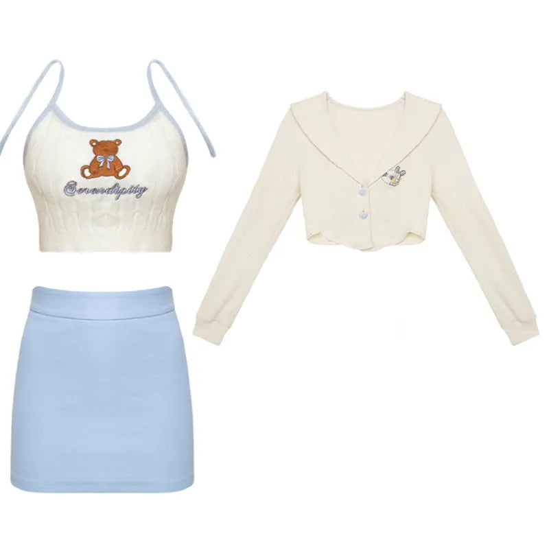 Autumn Japanese Long Sleeve Slim 3 Piece Dress Set Women Kawaii Clothing Pure Color Cardigan + Mini Skirts Fashion Suits 3 Piece Set