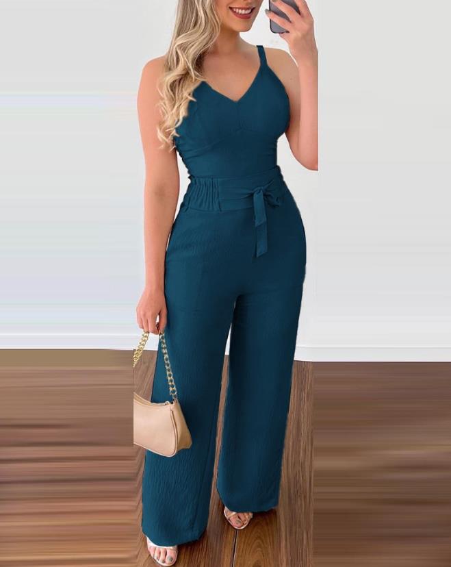 Woman Long Jumpsuits Elegant Sexy V-Neck Shirred Cami Top & High Waist Pants Set New Fashion Casual One Pieces