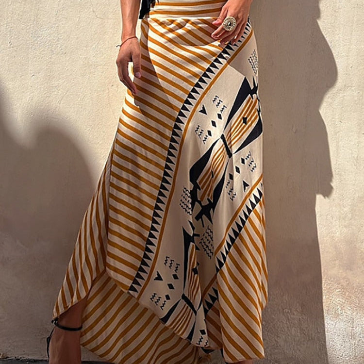 Boho Retro Patchwork Print Skirt Women Summer High Waist A-Line Elastic Long Skirts Casual Holiday Beach Skirt