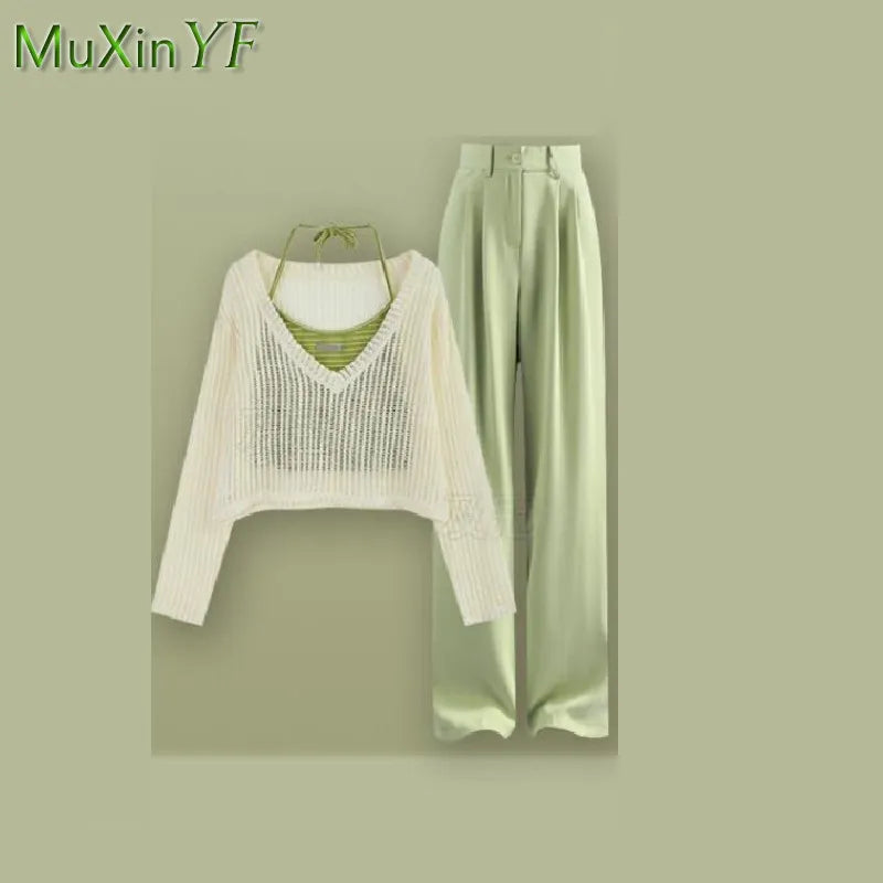 Women's Summer Fashion Hollow Out Shirt+Suspender+Wide Leg Pants Three Piece New in Matching Set Korean Elegant Tracksuit