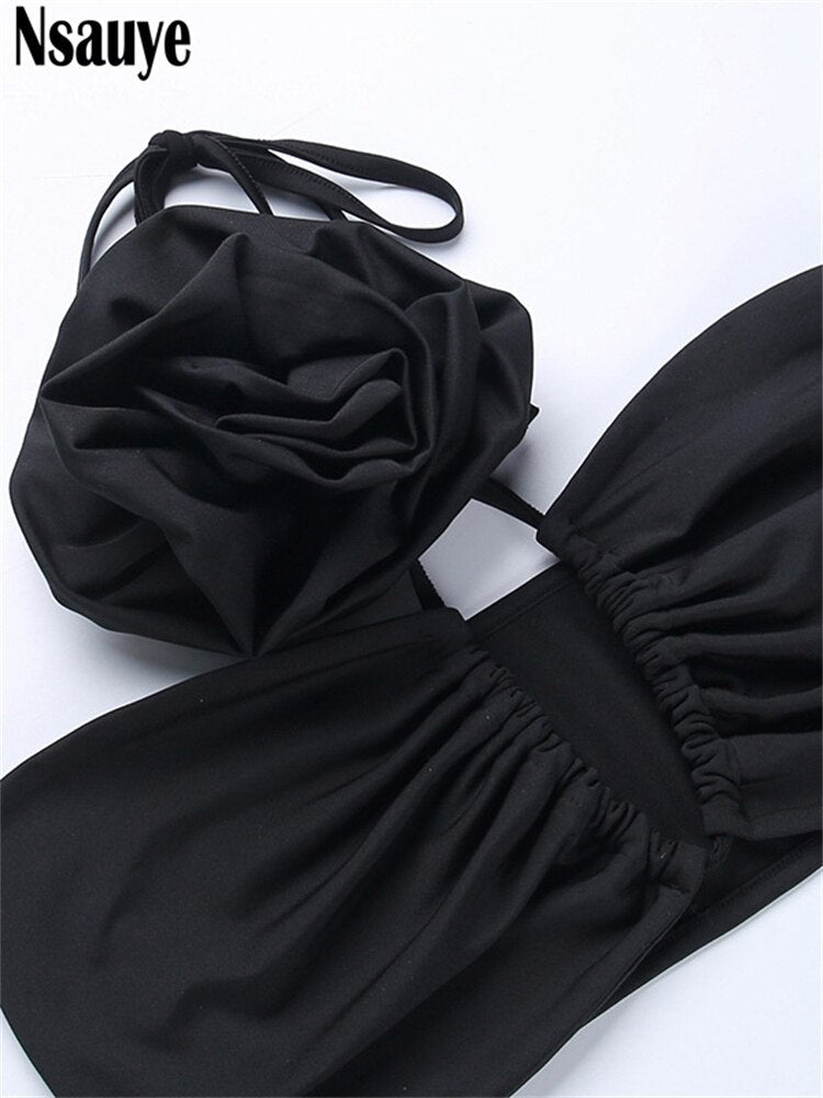 Nsauye Summer Casual Beach Women Sexy Club Skirt Suit Hollow Out Skinny Halter Crop Tops And Long Wrap Skirt Two Piece Set