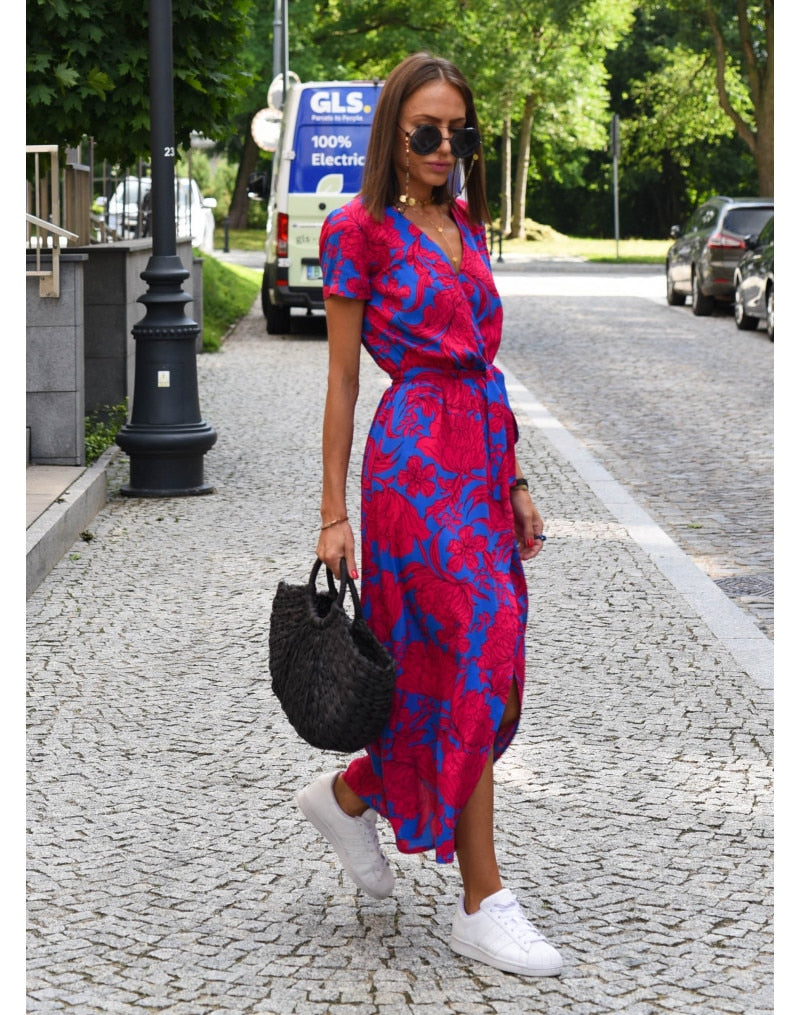 Women Casual Floral Print Dress Summer Elegant V-neck Short Sleeve Waist Lace Up Maxi Dresses Female Holiday Split Long Dress Red