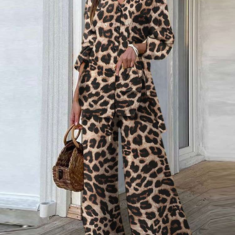 Fashion Women Leopard Print Pant Sets Casual Loose Tops and Pant Outfits Autumn Wide Leg Pant Leisure Two Piece Sets (Leopard)Khaki