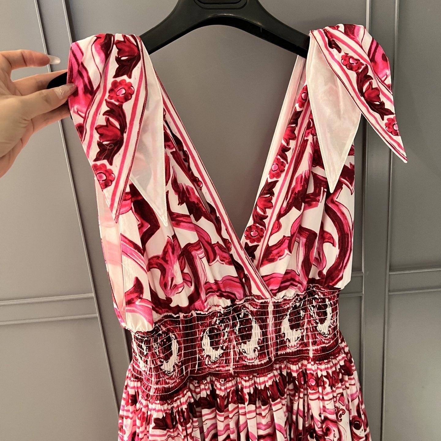 Summer Cotton Print Deep V-Neck Sleeveless Strap A-line Waist Wrap Large Hem Long Dress woman maxi skirt