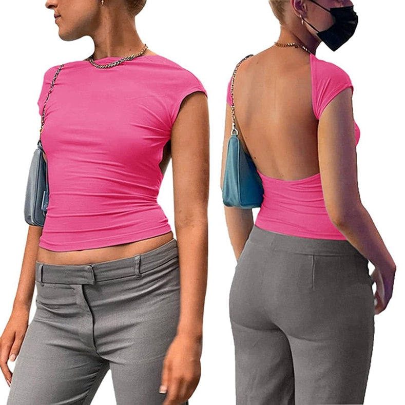 Y2K Sexy Backless Crop Top Women Casual 2023 Summer Short Sleeve O Neck T Shirts Streetwear Fit Slim Pullovers Base Tees T-Shirt Rose