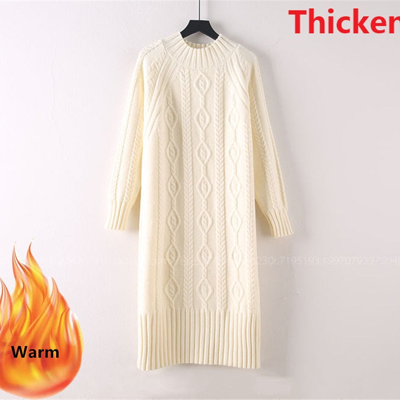 Winter Thicken Plus Velvet Sweater Dress Women's Fall Mock Neck Rib Knit Bottoming Dresses Elegant Warm Vestido Midi With Coats Thicken beige