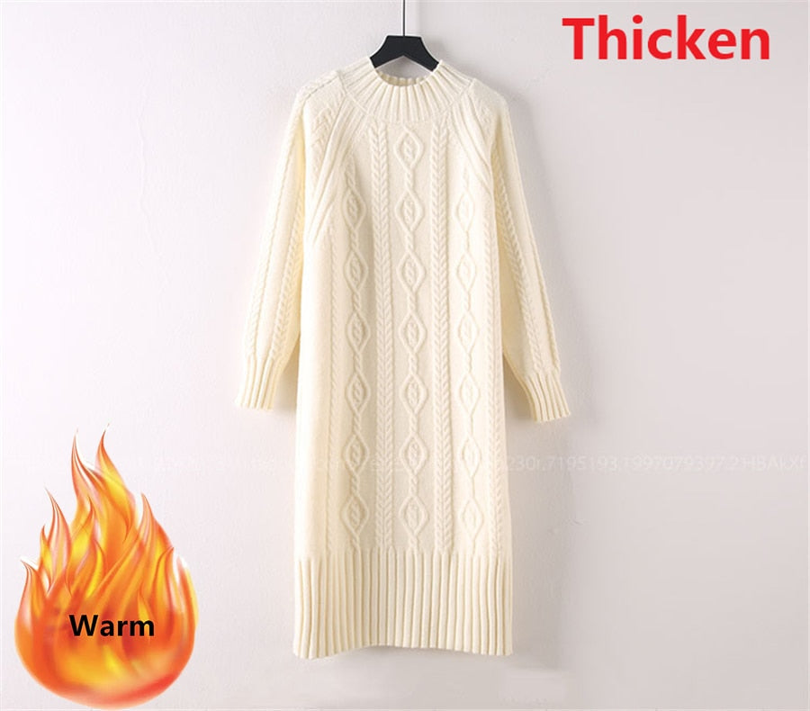 Winter Thicken Plus Velvet Sweater Dress Women's Fall Mock Neck Rib Knit Bottoming Dresses Elegant Warm Vestido Midi With Coats