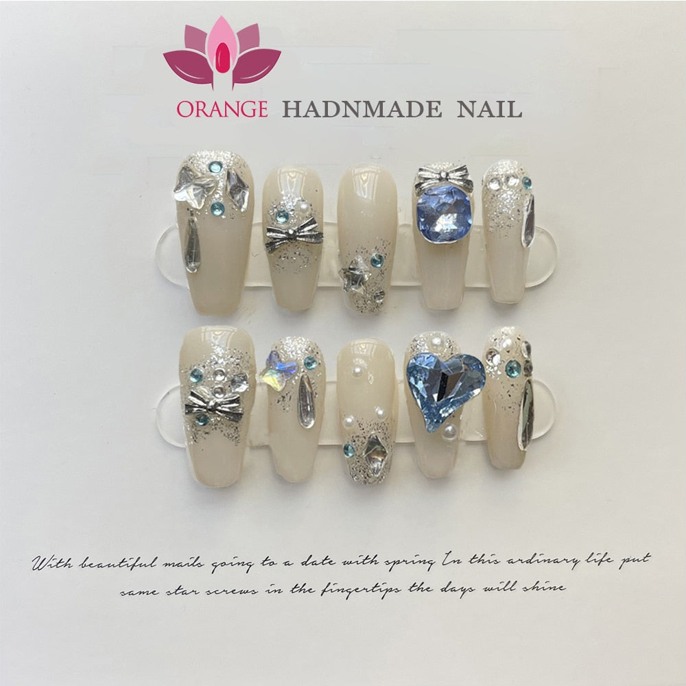 Fake Nails With Rhinestones Almond Full Cover With Designed Handmade High Quality Wearable Press on Nails With 3d Diamond Y2k