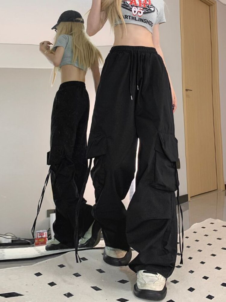 HOUZHOU Harajuku Y2k Wide Cargo Pants Women Baggy Hip Hop Style Black Parachute Pants Pink Oversized Joggers Korean Streetwear