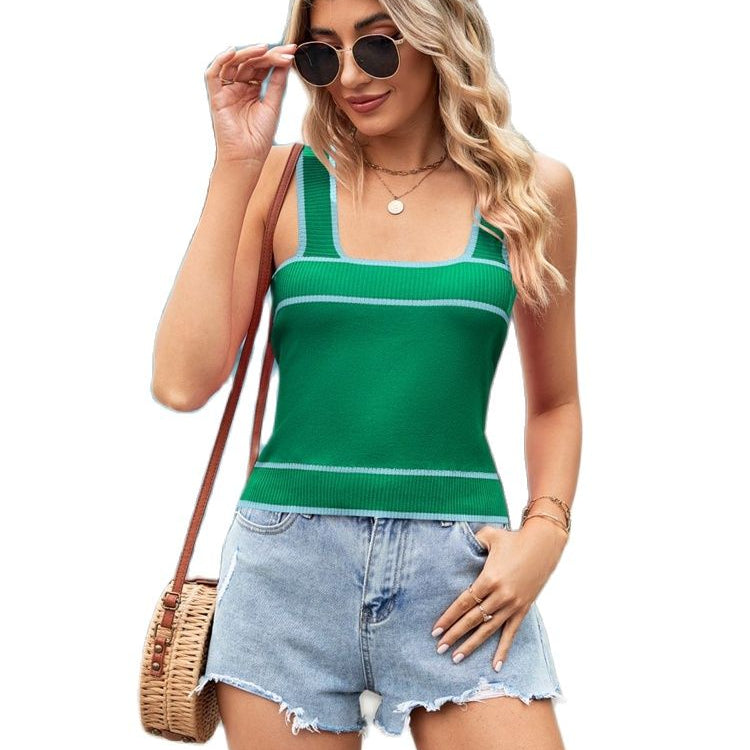 Women's 2023 Summer New Contrast Color Foreign Trade Knitted Sweater Short Style Crop Vest