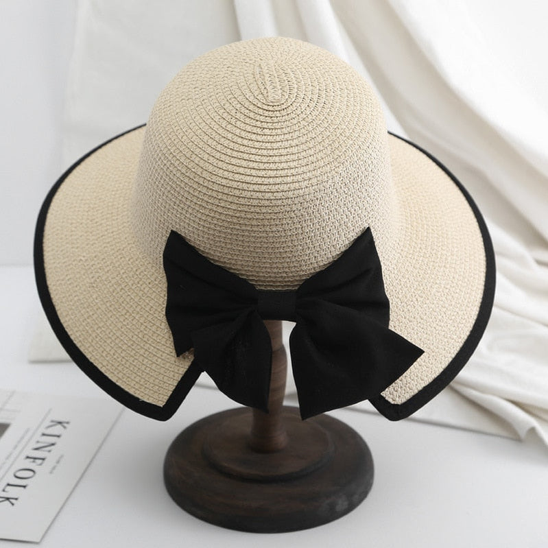 Women's Beach Panama Summer Hat Travel casual bowknot Straw Hat Fashion Beach Holiday ladies sun bucket Hat Beige 56-58 cm