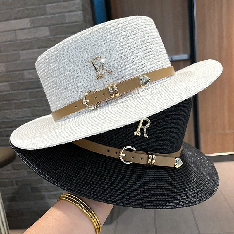 2023 New Metal R Letter Buckle Straw Hat Leisure Summer Sunscreen Hat Women's Fashionable Beach Hat Vintage Hat Church Hats