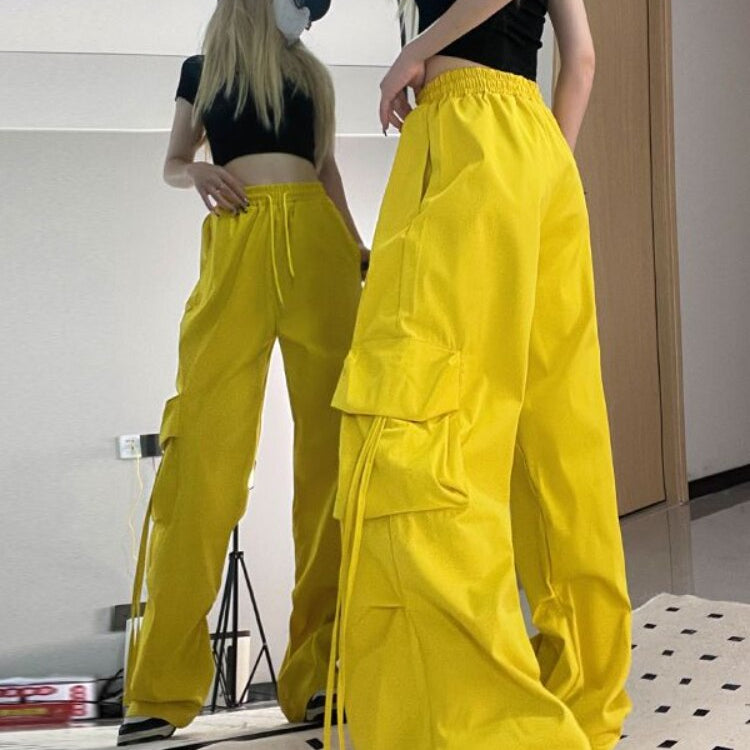 HOUZHOU Harajuku Y2k Wide Cargo Pants Women Baggy Hip Hop Style Black Parachute Pants Pink Oversized Joggers Korean Streetwear