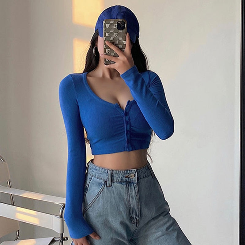 Xpqbb White Long Sleeve Crop Top Women Y2K Sexy Skinny Night Club Short T-Shirt Female 2023 Summer Thin Button Knitted Blouse