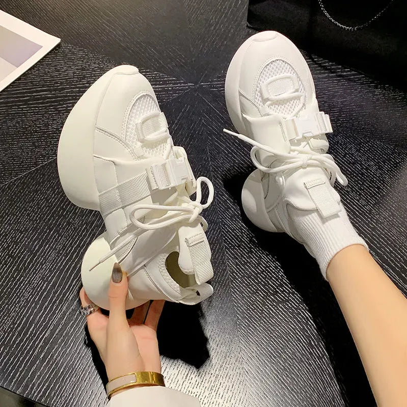 Women Sneakers Genuine leather Platform Sneakers Women Casual Shoes Chunky Sneaker 6CM Increase Designer Thick Sole Dad Shoes 2218 White