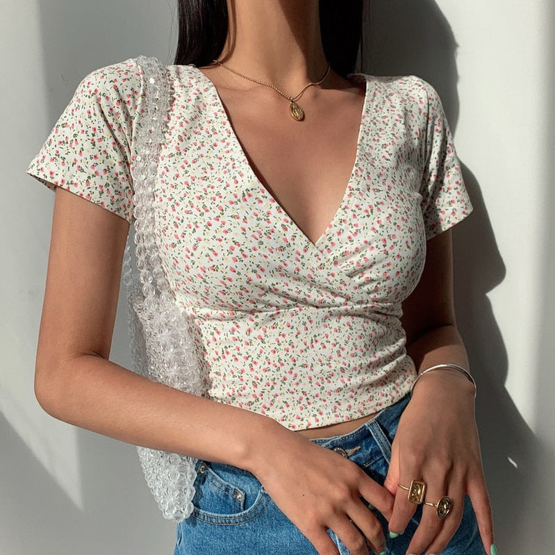 Sexy Women Slim Crop Top Tees T Shirt Low Cut Short Sleeve Floral Female Teenage Girls Femmes T-Shirt Cross Wrap Y2K 5