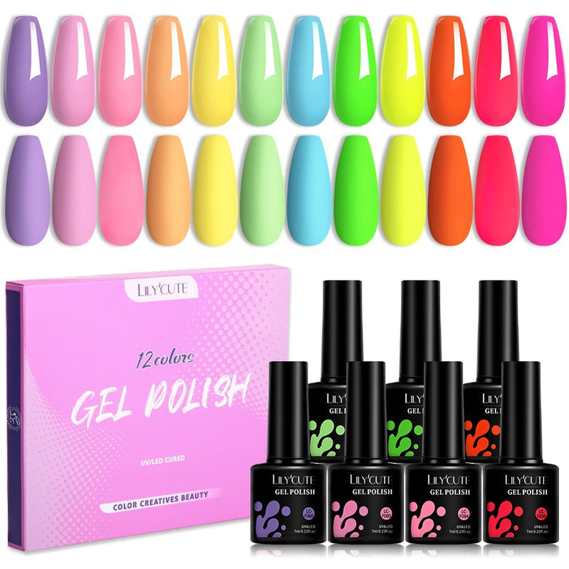 LILYCUTE 12PCs 7ml Spring Macaron Nail Gel Polish Set Semi Permanent UV Gel For Manicure Soak Off Gel Nail Polish Kit Varnishes 56348-2