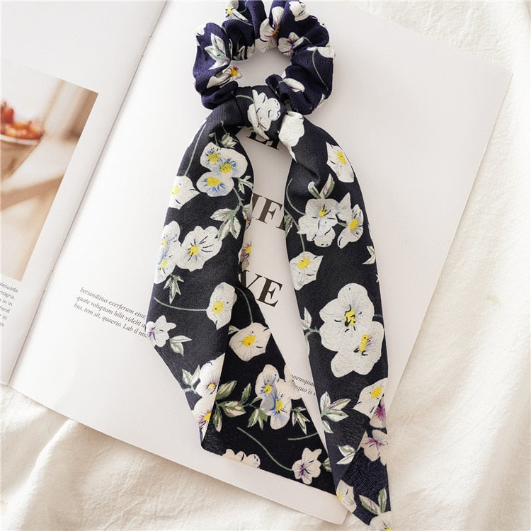 Fashion Print Chiffon Long Ribbon Scrunchies Women Girls Ponytail Scarf Elastic Hair Bands Ties Hair Accessories Wholesale 19