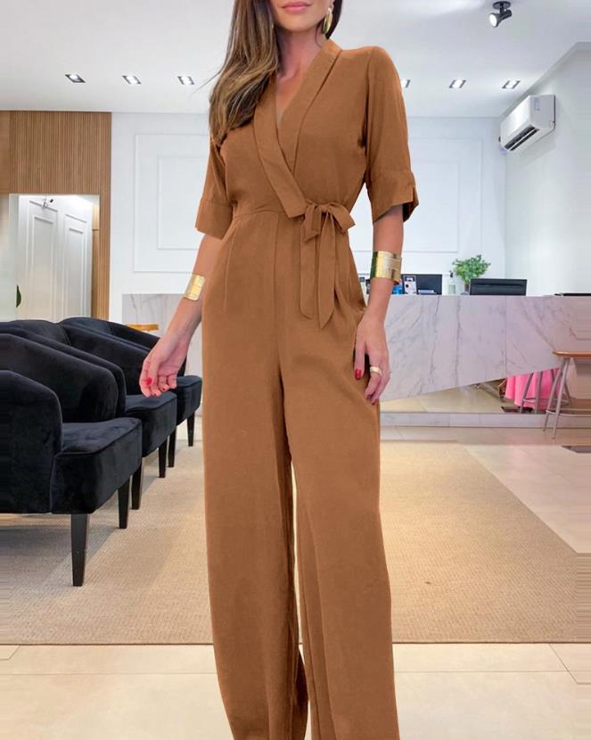 Half Sleeve Wide Leg Work Jumpsuit Summer Women's Bodysuit 2023 New Fashion Elegant Office High Waist V-Neck Lace Up Style
