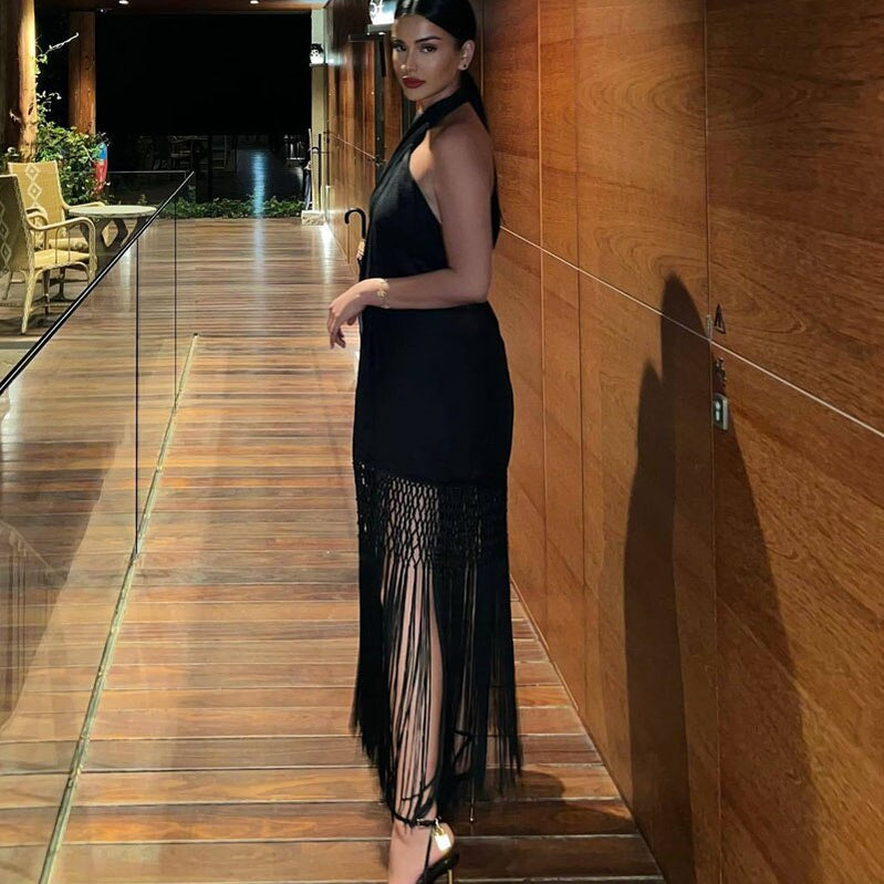 Halter Fringing Dress Womens Dresses Summer Linen Backless Sexy Black Slip Dress Luxury Elegant Designer Party Dresses