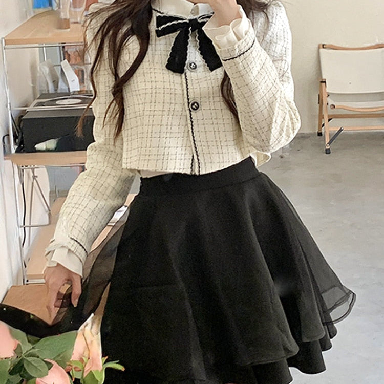 Spring Elegant Vintage 2 Piece Dress Set Women Sweet Blazers Suits Y2k Crop Tops + Mini Skirt Female Korea Fashion Clothing