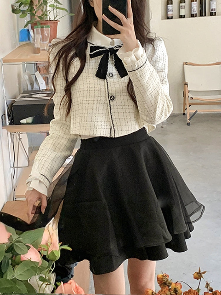 Spring Elegant Vintage 2 Piece Dress Set Women Sweet Blazers Suits Y2k Crop Tops + Mini Skirt Female Korea Fashion Clothing