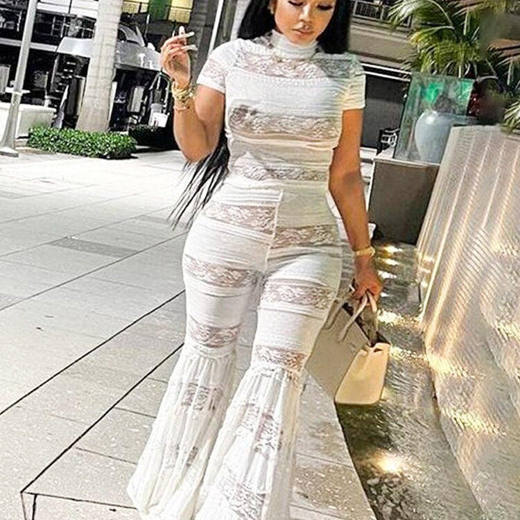 Fall Two Piece Sets Outfits Women Short Sleeve Lace Mesh Tops High Waist Pants Suits Autumn Party Club Matching Sets White