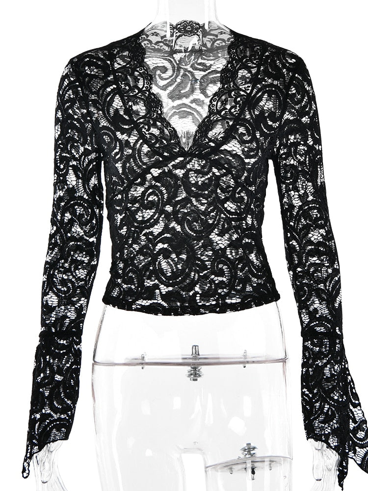 JULISSA MO See Through V-neck Long Sleeve Lace Skinny Tops Outfits Women Summer Party Club T-Shirts Tees Club Party Clothes Black