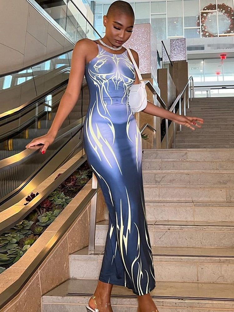 Women Spaghetti Strap Maxi Dress Sexy Office Lady Printed Y2K Clothes Skinny Hip Hop Sleeveless Party Vestidos Ropa Mujer Blue Spain