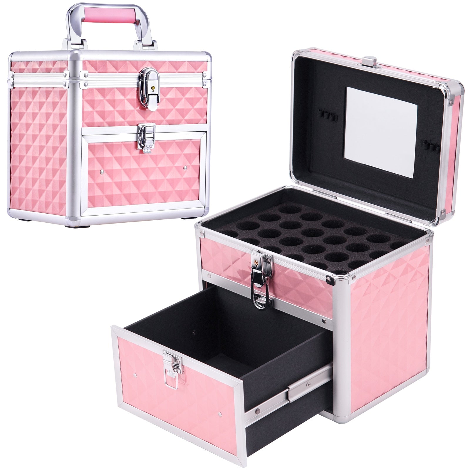 Portable Makeup Box Alloy Make up Train Case Manicure Polish Storage Organzier Beauty Suitcase with Mirror Drawer for Nail Tech fresh pink United States