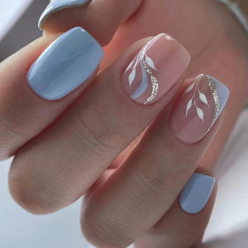 Summer New Square False Nails French Fake Nails With Flower Pattern Designs False Nails Full Cover Detachable Press on Nail Tips 12