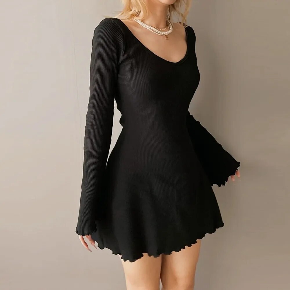 Solid Knitted Backless Dresses for Women Autumn Winter Elegant Long Sleeve Bodycon Mini Dress Casual Black