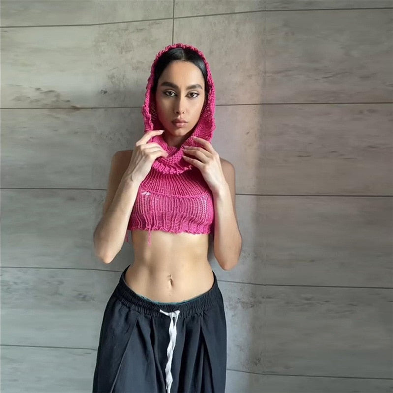 Knitted Y2k Hooded Crop Top Women Summer Sleeveless Off Shoulder T Shirt Top 2023 Hooded Tee Street Wear Fashion White Yuqung