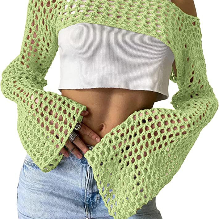 Summer Long Sleeve Smock Knitted Crop Top Women Y2k Beach Sexy Backless Hollow Out T Shirts Green Party Casual Pullovers Light Green