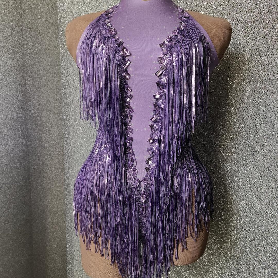 Women Nightclub Outfit Dance Costume One-piece Stage Wear Sexy Performance Clothing Sparkly Black Stones Sequins Fringes Leotard