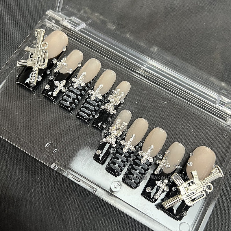 Handmade Luxury 3XL Full Cover False Nail Tips Glittery Rhinestone Press On Nails Y2K Reusable XXL XL Long Fake Nail With Glue