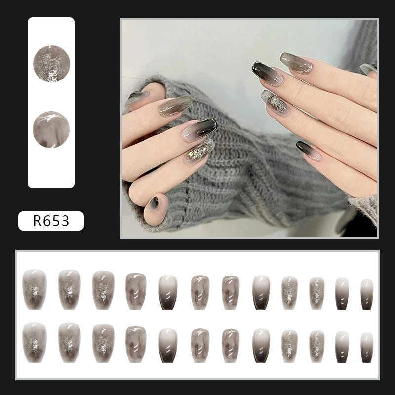 Y2k Fake Black Nail Long Ballet Reusable Adhesive Acrylic Press on set Nails Dark Acrylic Artificial False Nails Arts Tips 24pcs