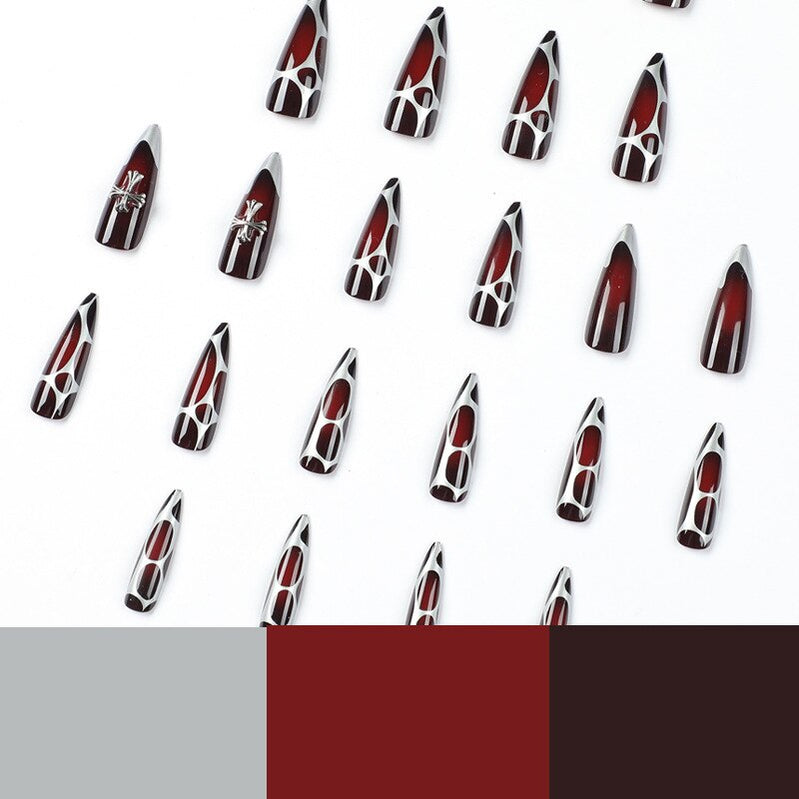 super cool fake nail silver false nail sharp press on nail red black spider special-shaped Punk Artificial Nail Salon Manicure