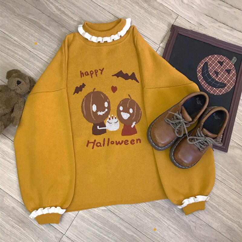 Halloween Sweaters Women Autumn Cute Pumpkin Pattern Turtleneck Lantern Sleeve Loose Pullovers Kawaii Clothes Ginger Yellow Sweate One Size
