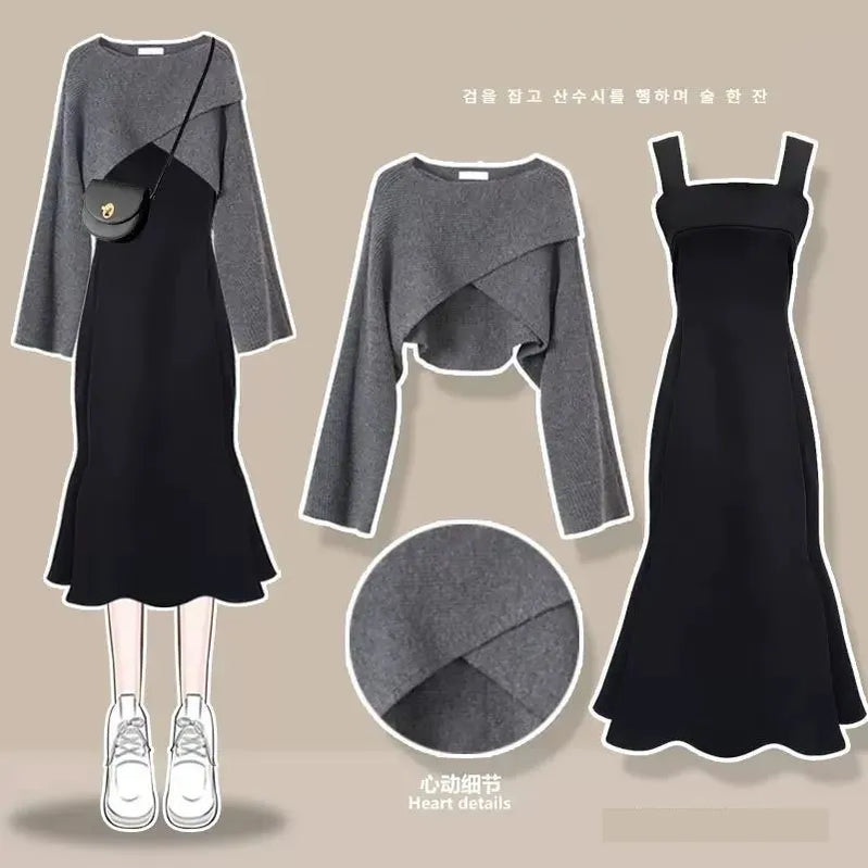 Women's Fashion Dress Matching Set Autumn Winter New Chic Knitted Sweater Sling Skirt Two Piece Korean Elegant Clothes Suit Set 05