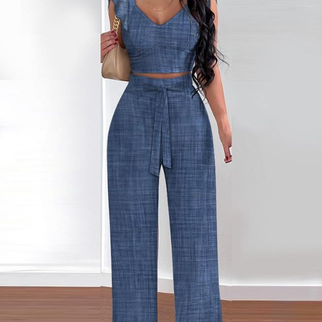 Two Piece Sets Womens Outifits Spring Fashion Shirred V-Neck Sleeveless Crop Top & Casual Pocket Design Wide Leg Pants Set