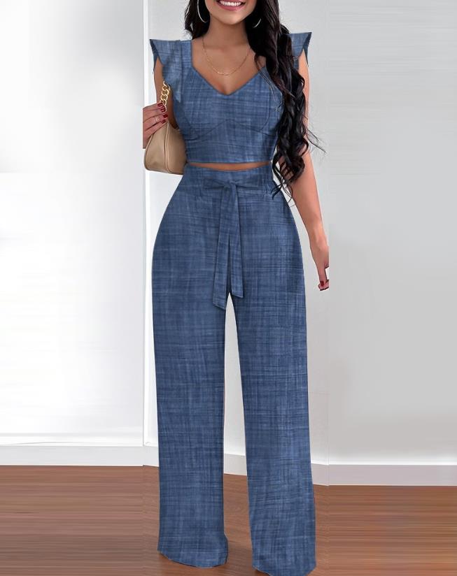 Two Piece Sets Womens Outifits Spring Fashion Shirred V-Neck Sleeveless Crop Top & Casual Pocket Design Wide Leg Pants Set