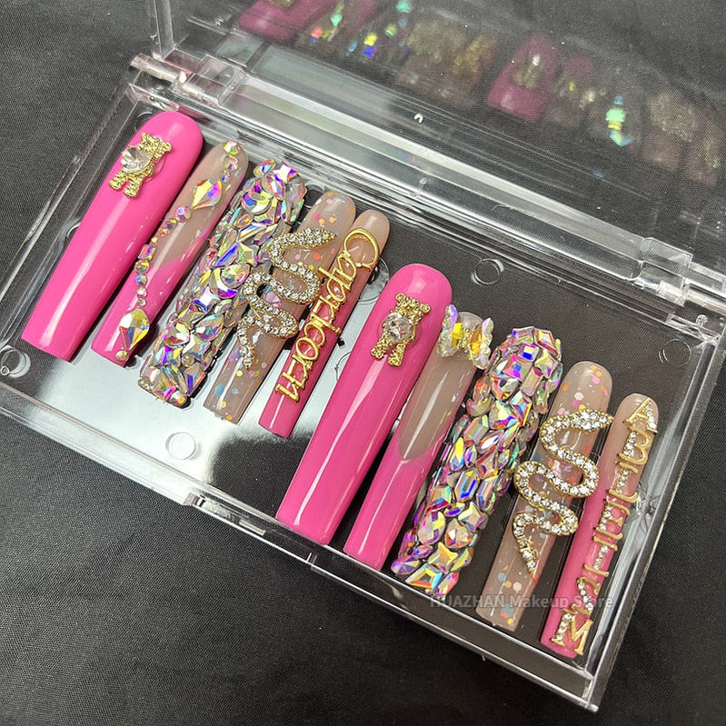 Handmade Luxury 3XL Full Cover False Nail Tips Glittery Rhinestone Press On Nails Y2K Reusable XXL XL Long Fake Nail With Glue