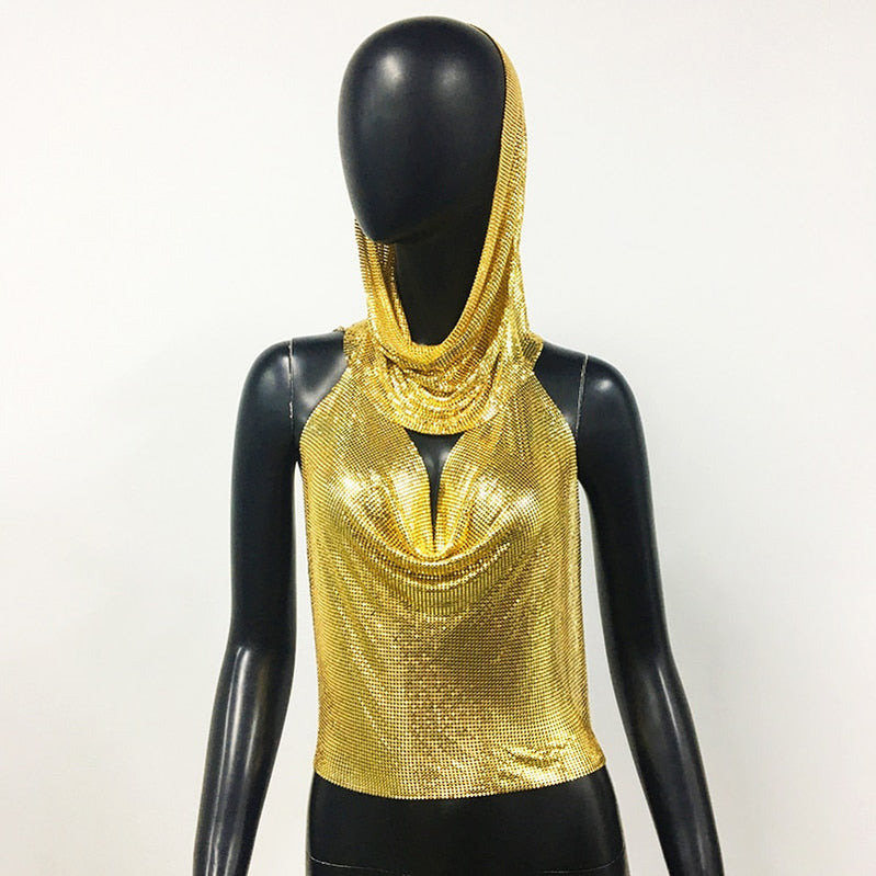 Women Metal Sequins Tank Top With Turban 2 Piece Sexy V Neck Backless Suspender Top Rave Festival Party Nightclub Camisole Gold One Size