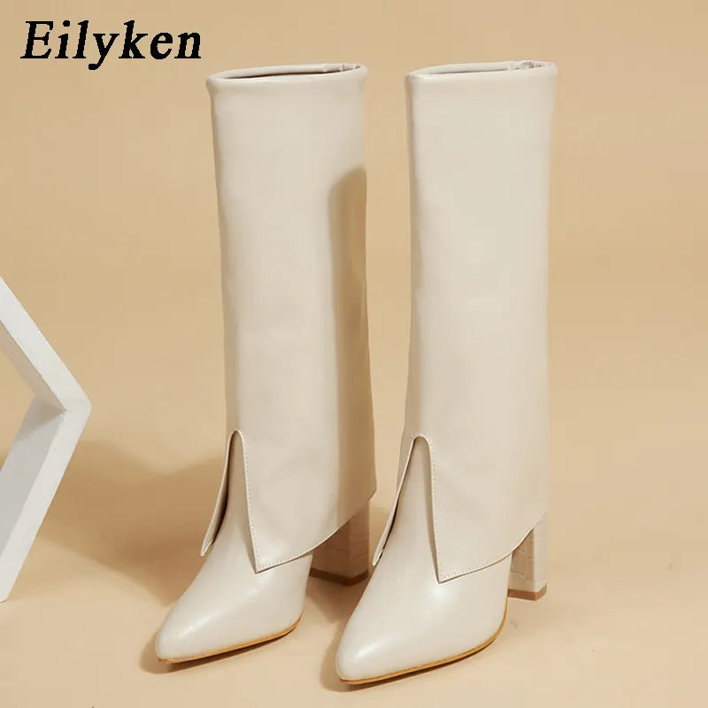 Eilyken New Chunky Heel Pointed Toe Women Long Knee High Boots Black Winter Shoes Female Chelsea Booties Size 35-42 Apricot