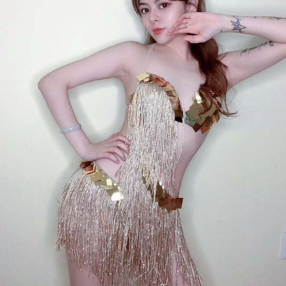 Sparkly Gold Sequins Fringes Dress Women Nightclub Tassel Dance Costume Stage Wear Birthday Outfits Sexy Pole Dance Clothing