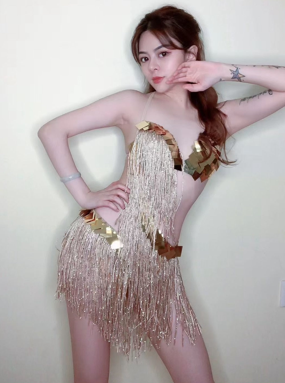 Sparkly Gold Sequins Fringes Dress Women Nightclub Tassel Dance Costume Stage Wear Birthday Outfits Sexy Pole Dance Clothing