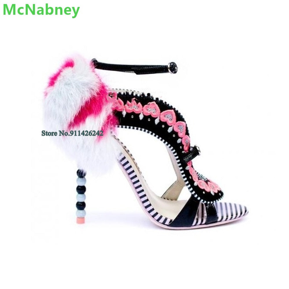 Strange Heel Feather Embroidery Mixed Colors Sandals For Female Women Round Toe Sexy Shallow Ankle Strap Fashion Elegant Shoes