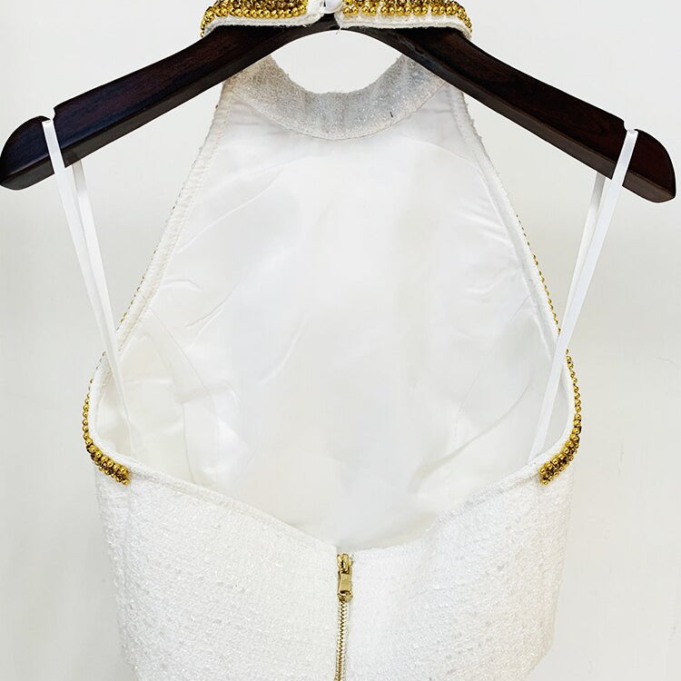 HIGH STREET Newest Fashion Designer Tops Women's Stunning Metallic Diamonds Beaded Halter Neck Tweed Camis Tank Tops