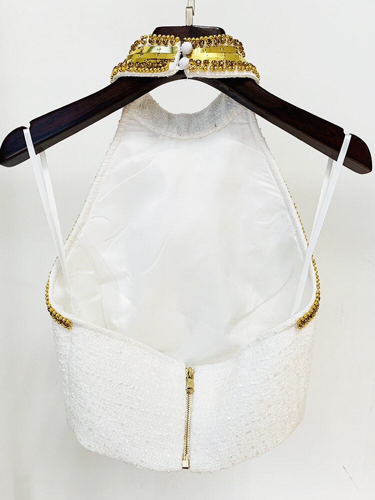 HIGH STREET Newest Fashion Designer Tops Women's Stunning Metallic Diamonds Beaded Halter Neck Tweed Camis Tank Tops